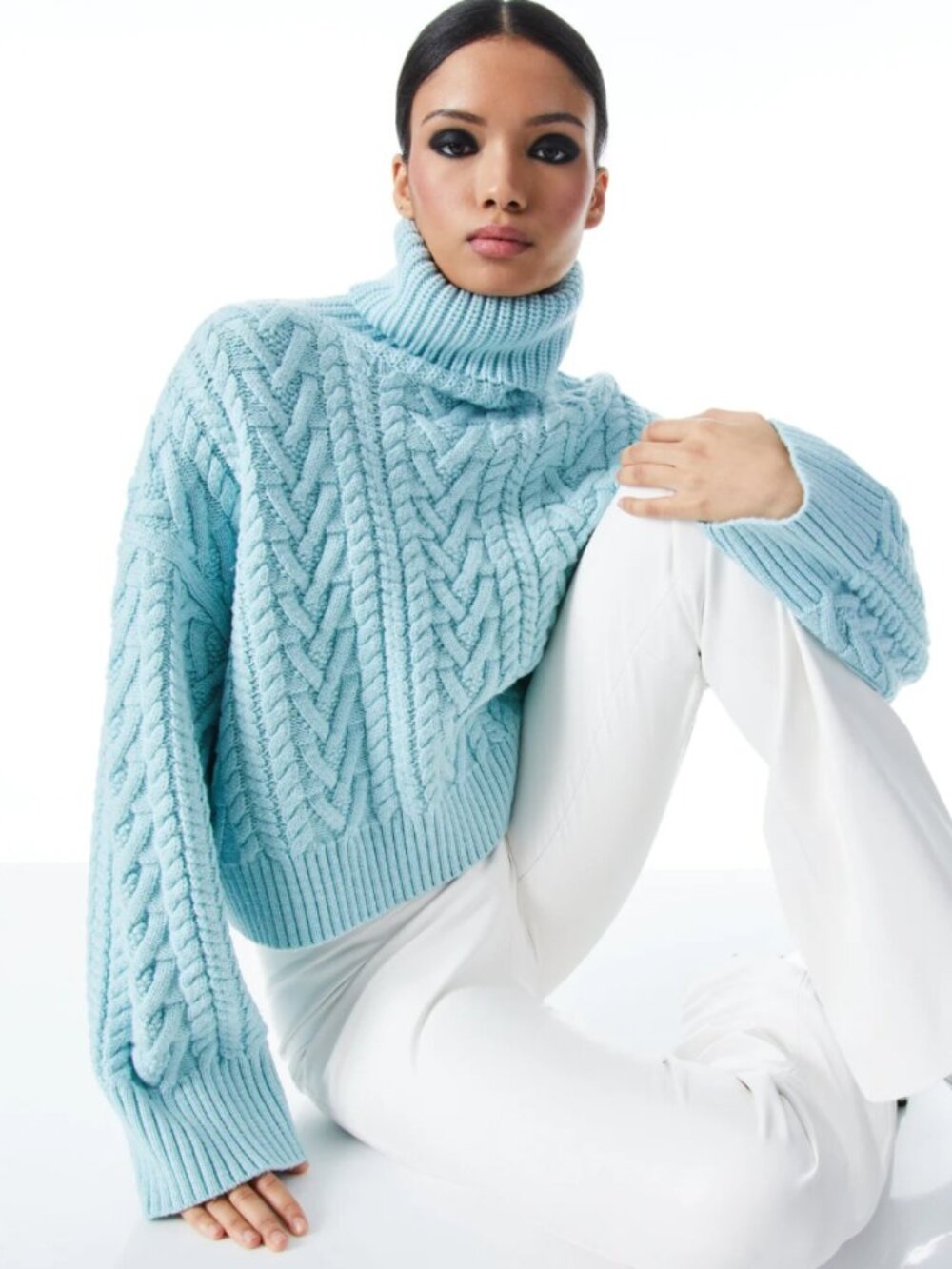 Alice + Olivia Nance Cable Knit Turtleneck Sweater Julep Mint Blue Size XL Wool